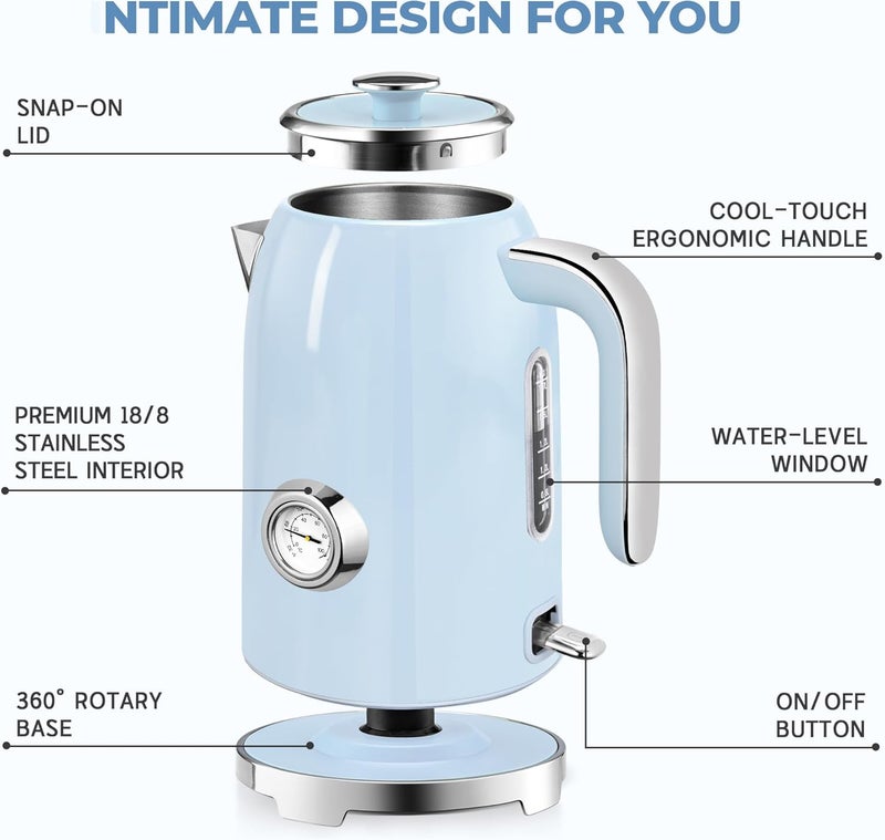 susteas Electric Kettle - 57oz Hot Tea Kettle Water Boiler with Thermometer, 1500W Fast Heating Stainless Steel Tea Pot, Cordless with LED Indicator, Auto Shut-Off & Boil Dry Protection, Blue - Image 2